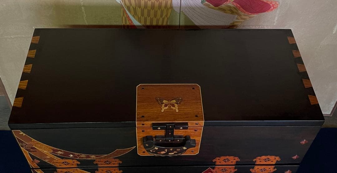 「母」黒檀 寄木 象嵌細工 李朝 バンダジ風 3ドロアー チェスト （柱②）