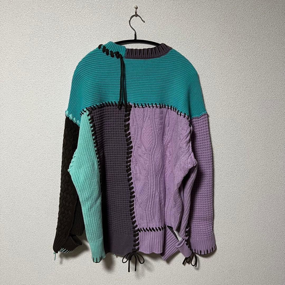 鬼ワッフルクレイジーパッチワーク切り替えプライムオーバークルーネックニット