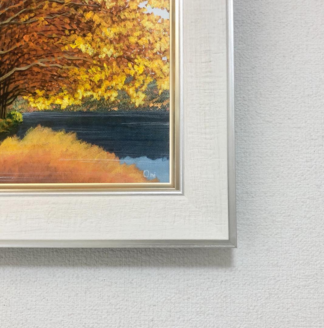 アクリル画　原画　「秋の湖畔」額縁付　F3サイズ　キャンバス　風景画