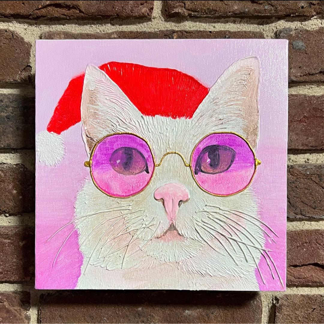 サンタネコ　　油絵　アーティスト作品