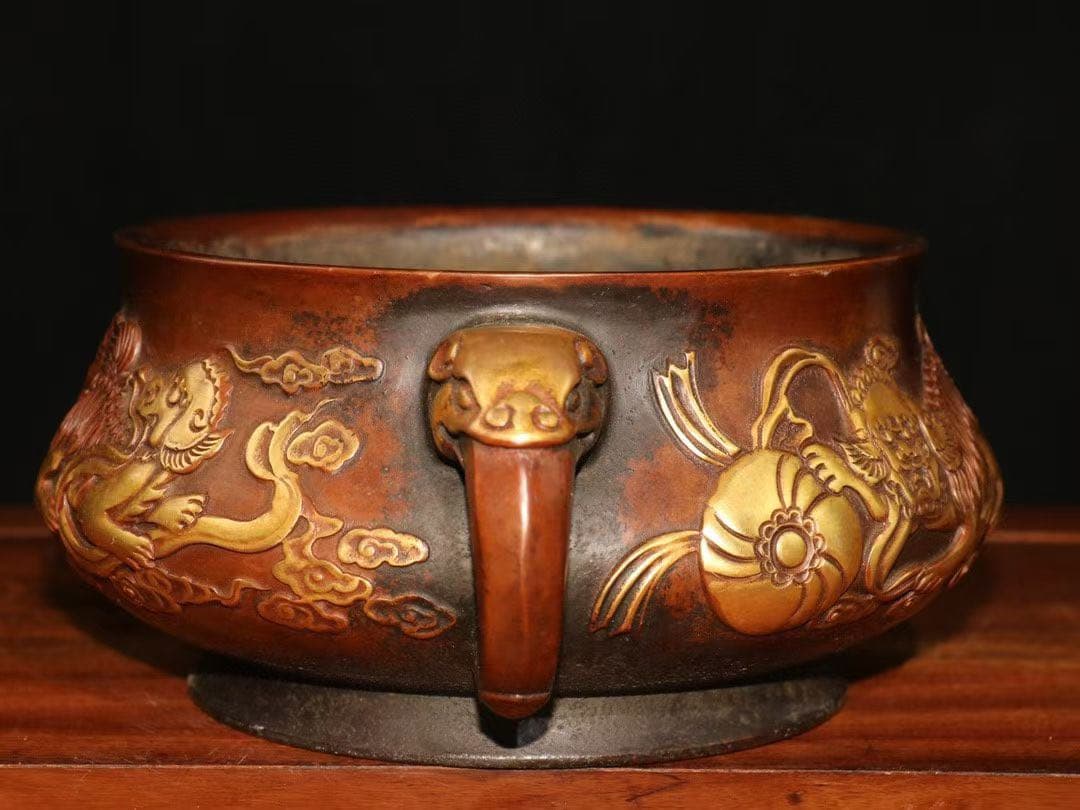 旧家珍蔵 大明宣徳紫銅純銅製塗真金 財獅子香炉 供養 文化財　時代物　開運厄除け