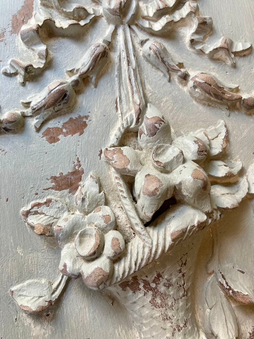 フランス アンティーク 花かご リボン 木製プレート家具装飾 フレンチグレー