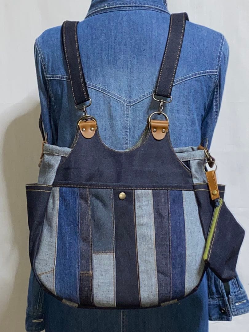 一点物☆パッチワーク☆岡山デニム4way♪あおりバッグ☆ポーチ付き