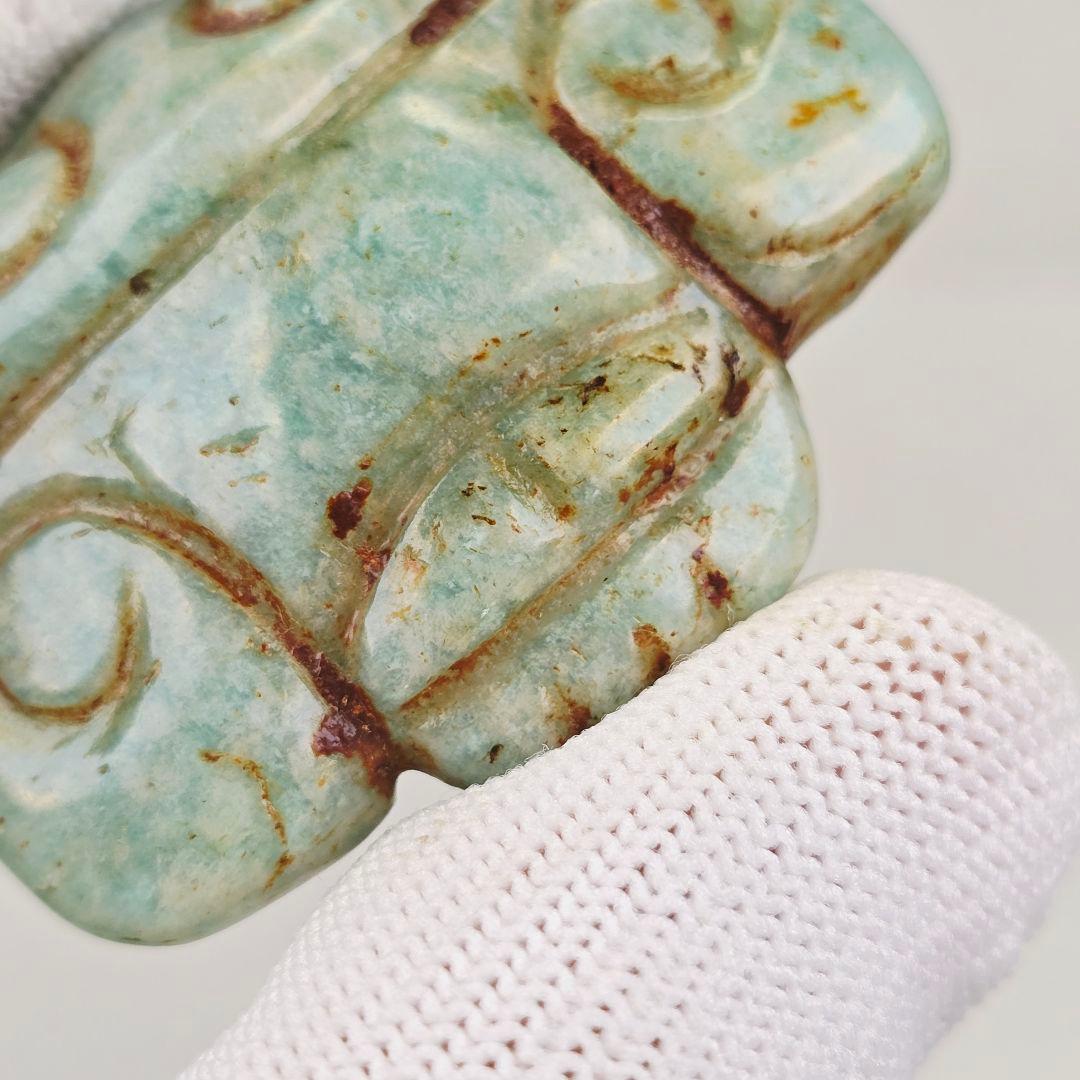 超希少古石器 本物天河石（アマゾン石）手彫 紅山文化玉鴞 玉鷹 根付 通霊玉礼器