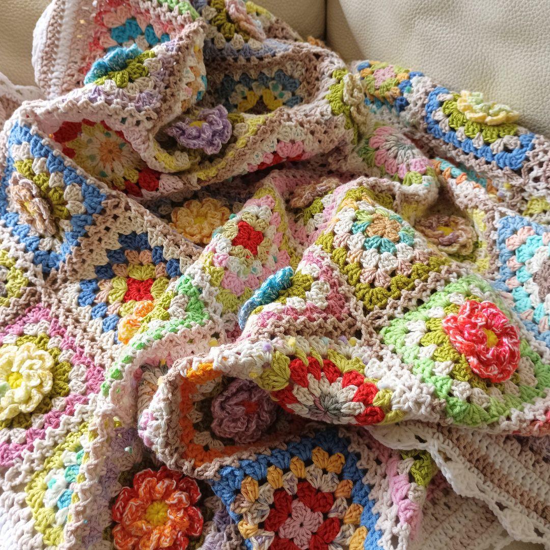 手編みブランケット★お花モチーフ★グラニースクエア★コットン★カラフル★かぎ針編