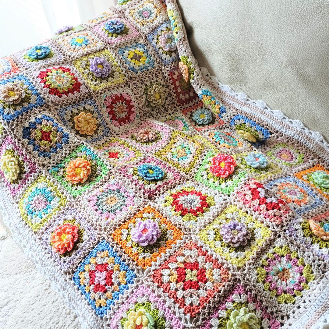 手編みブランケット★お花モチーフ★グラニースクエア★コットン★カラフル★かぎ針編
