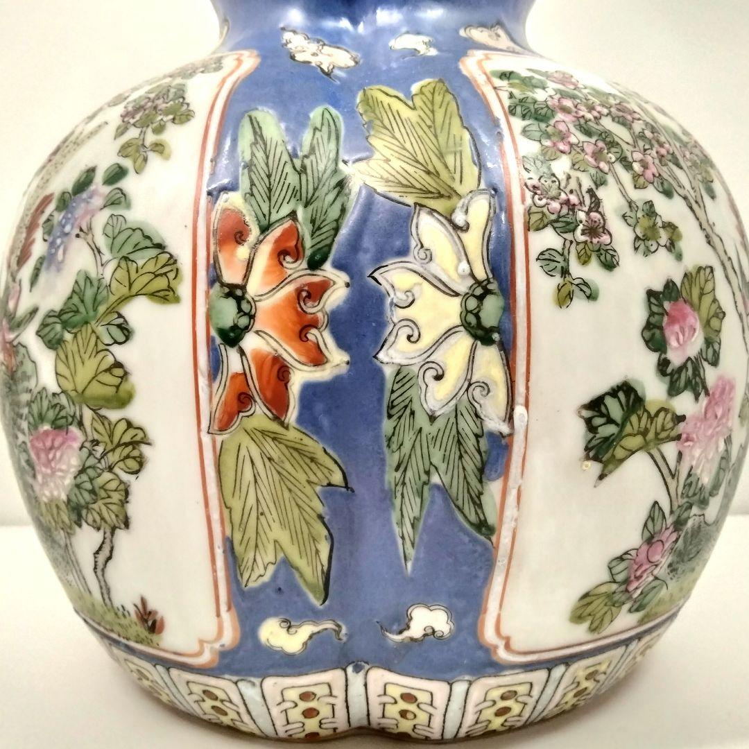 中国 大清同治年製 色絵粉彩花鳥図 瓢箪形花瓶 高さ38cm　EE