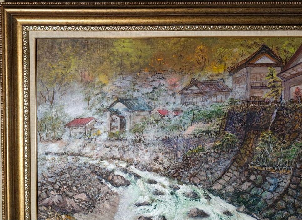 旅館装飾 F30号 大型 額縁 油絵 温泉街 昭和レトロ 店舗什器 アンティーク