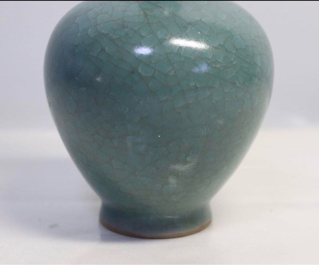 中国　宋時代　天青釉汝窑冰片纹长颈瓶　青磁長頸瓶　七官青磁