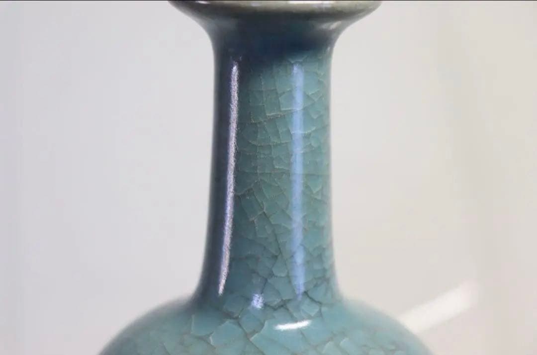中国　宋時代　天青釉汝窑冰片纹长颈瓶　青磁長頸瓶　七官青磁