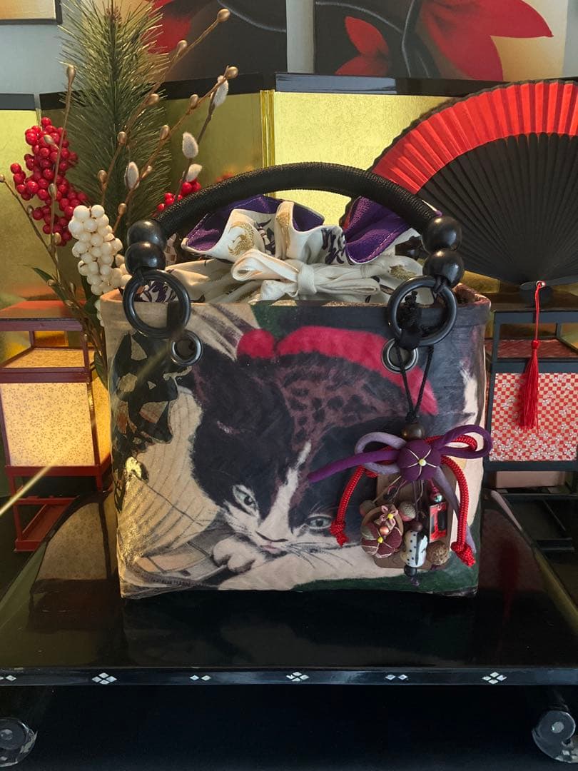 一閑張り　一閑張りバッグ　古文書　和紙　大正　着物　竹籠　小林清親　猫と提灯