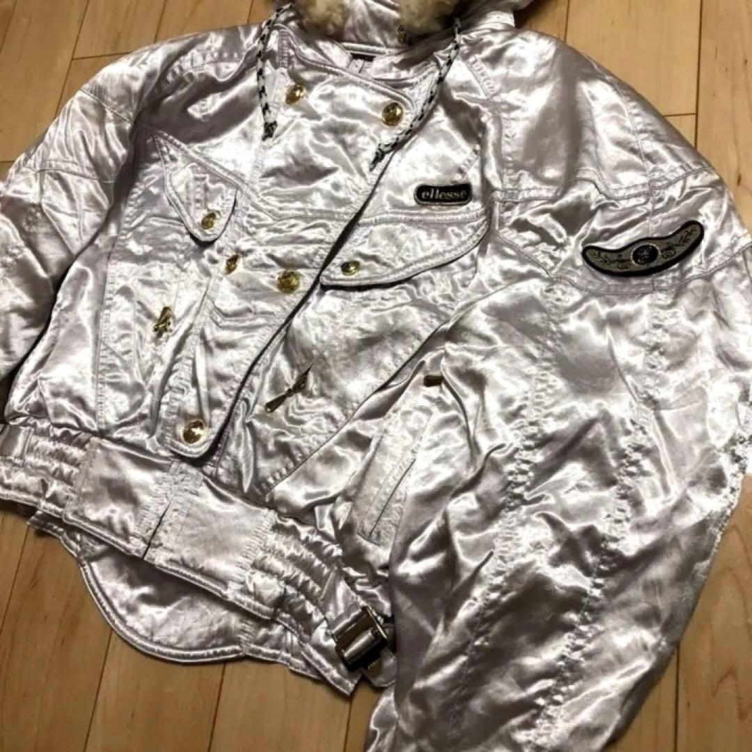 80s エレッセ　スキーウェア　上下　レディース　L　シルバー　セットアップ
