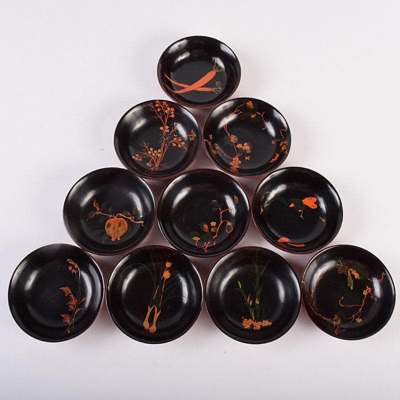 時代輪島塗　黒漆　蒔絵絵変銘々皿　木皿　十客　時代箱付　V　R8927