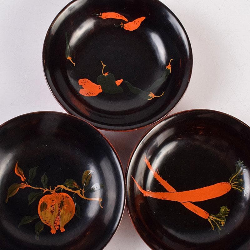 時代輪島塗　黒漆　蒔絵絵変銘々皿　木皿　十客　時代箱付　V　R8927