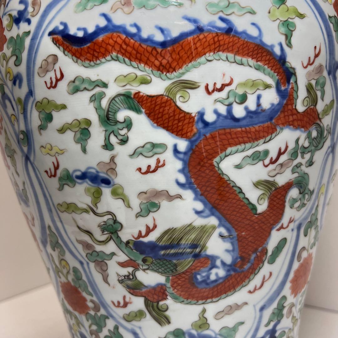 中国美術　景徳鎮　赤絵雲龍図大飾壷　木箱付高さ約53㎝トヒチサ東な8-0104①