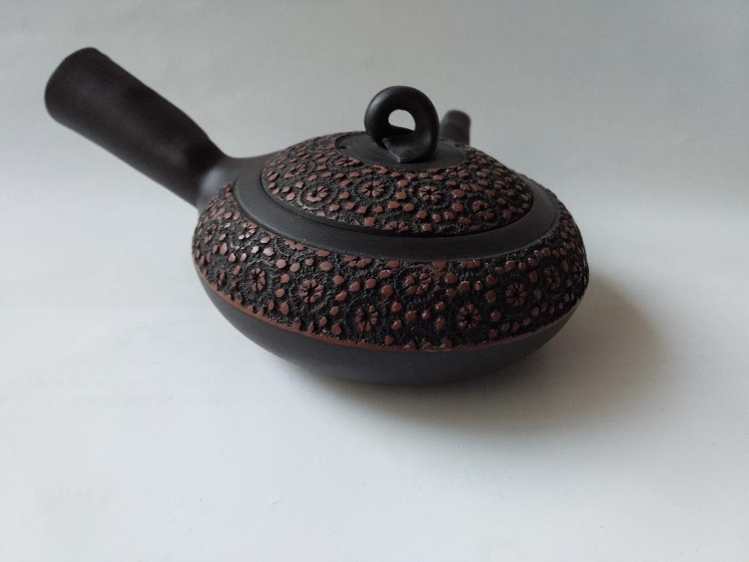 更紗常滑焼 稲葉石水 造 黒泥茶注 黒泥丸型急須 土瓶 共箱 共布 栞新品