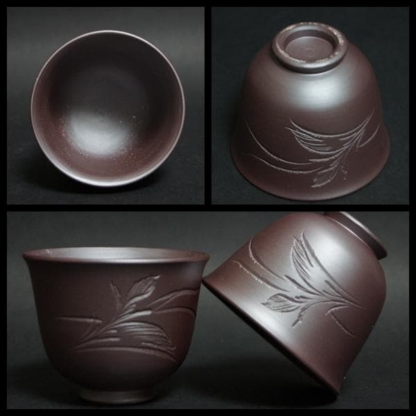 萬古焼 昇龍園造 細工彫『花文』紫泥 急須 湯冷まし 煎茶碗(五客)煎茶器揃え