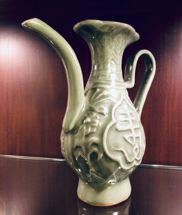 中国青磁　碧緑　骨董　福寿急須　花口瓶　明時代　高古瓷