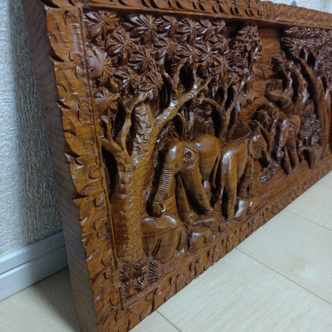 タイ製 手彫り 象 壁掛け木彫アート アジアン 彫刻 雑貨 ヴィンテージ