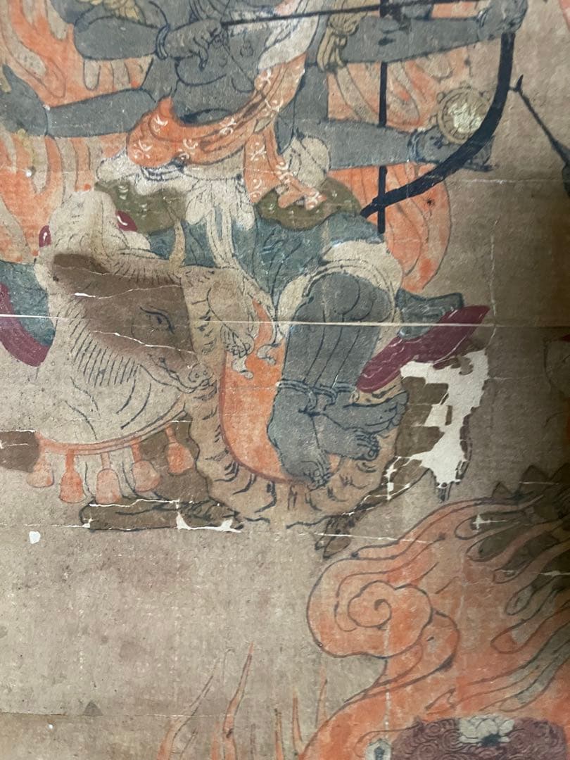 江戸(倉庫)稀少 古い 仏画 明王像 肉筆掛け軸 時代 仏教美術 仏教版画