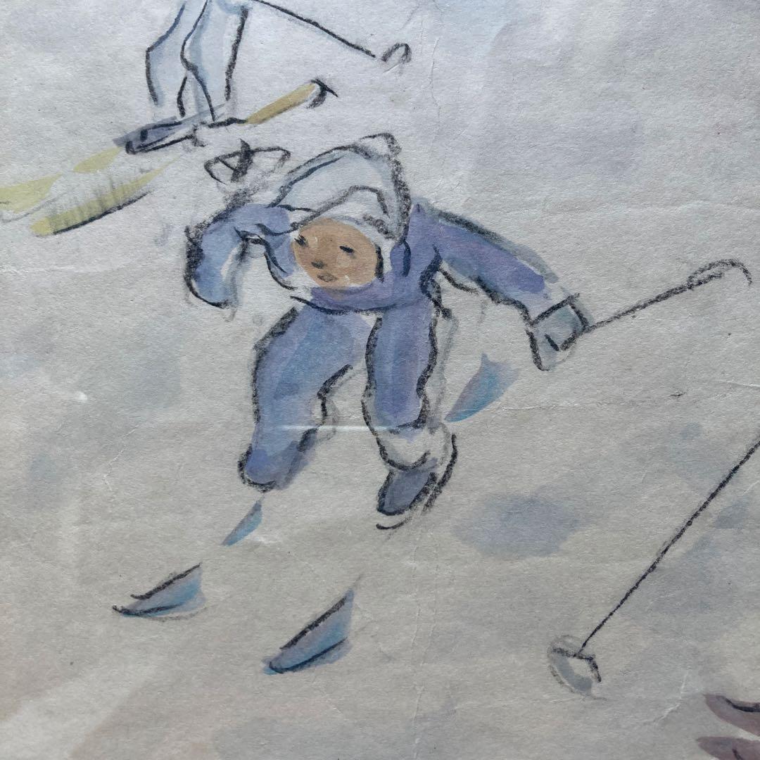 いわさきちひろ「少年スキーヤー」仮題　水彩額41.5×53絵￼25.5×31cm