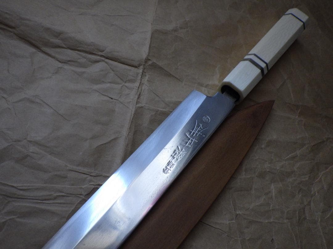 正本★柳刃刺身包丁・水焼★人工象牙八角柄★鞘付属★