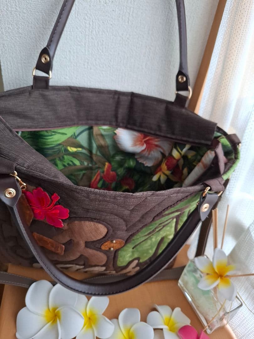 ハワイアンキルト　横長バッグ　ホヌ　2WAY　ホヌの革タグチャーム付き
