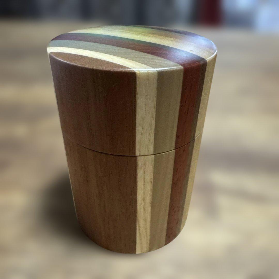 【未使用】箱根寄木細工 茶筒（中蓋付き） シマ模様 伝統工芸品 天然木 無垢作り