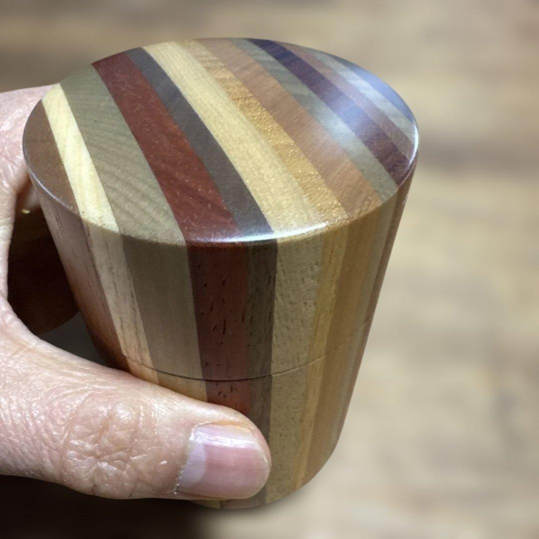 【未使用】箱根寄木細工 茶筒（中蓋付き） シマ模様 伝統工芸品 天然木 無垢作り