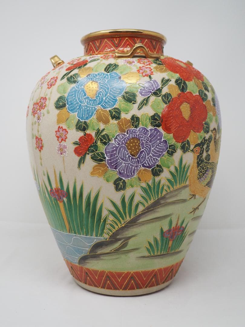 色絵金彩花鳥図　花瓶　薩摩焼　耳付壺　-SO
