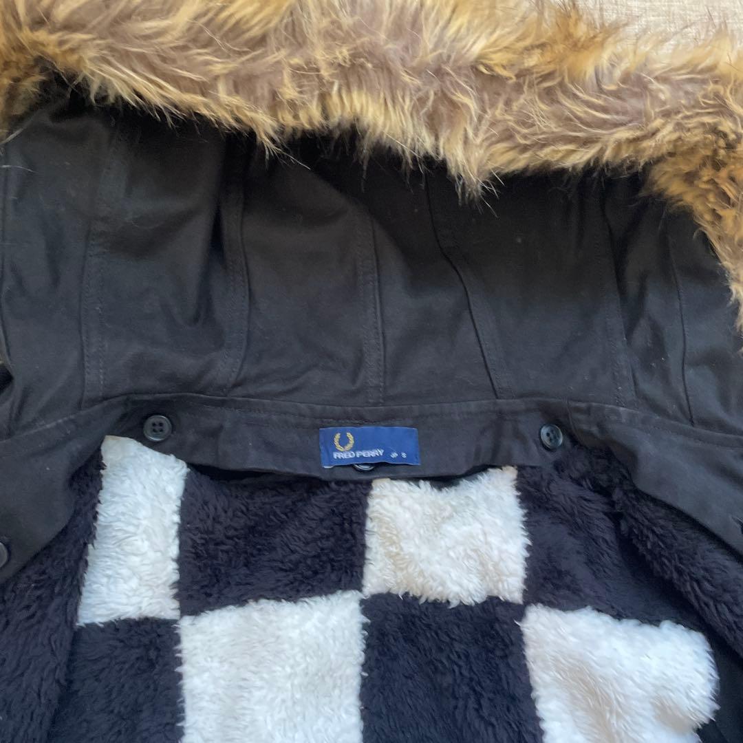 FRED PERRY ブラック ロゴ チェック ファー モッズコート Sサイズ