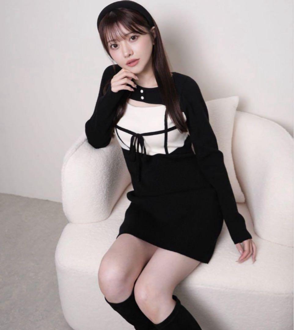 LIPSERVICE デコルテオープンバイカラーリボンニットワンピース