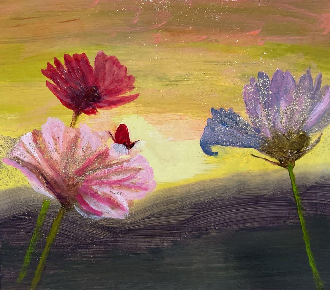 油彩画　「　夕景とコスモス　」　原画　P6号
