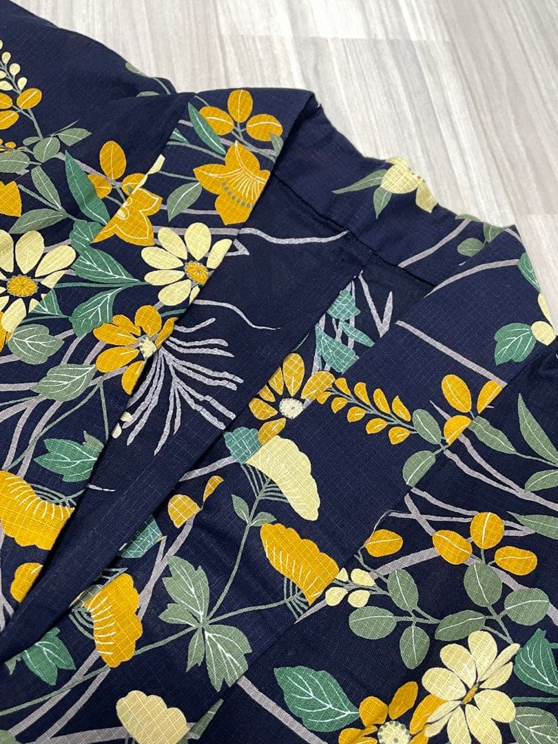 レディース浴衣　夢工房 II 浴衣・帯セット　黄色　花　濃紺　ネイビー　黄色