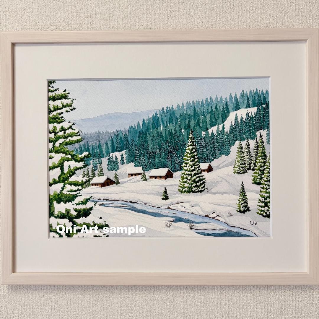 透明水彩画　原画　「雪景色01」額縁付　F4サイズ　風景画