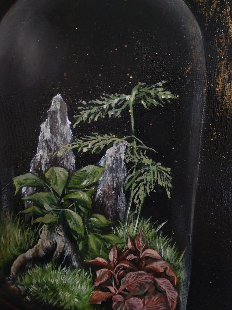 テラリウムの油絵【調和】1点物の原画アート/作者サイン入り/F3号キャンバス