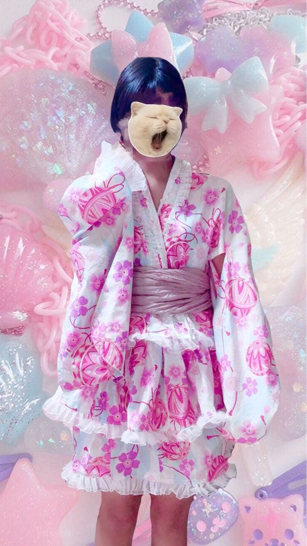 浴衣ドレス 花柄キラキラ 大人用浴衣 ピンク姫ギャル ロリータ 量産型 フリフリ