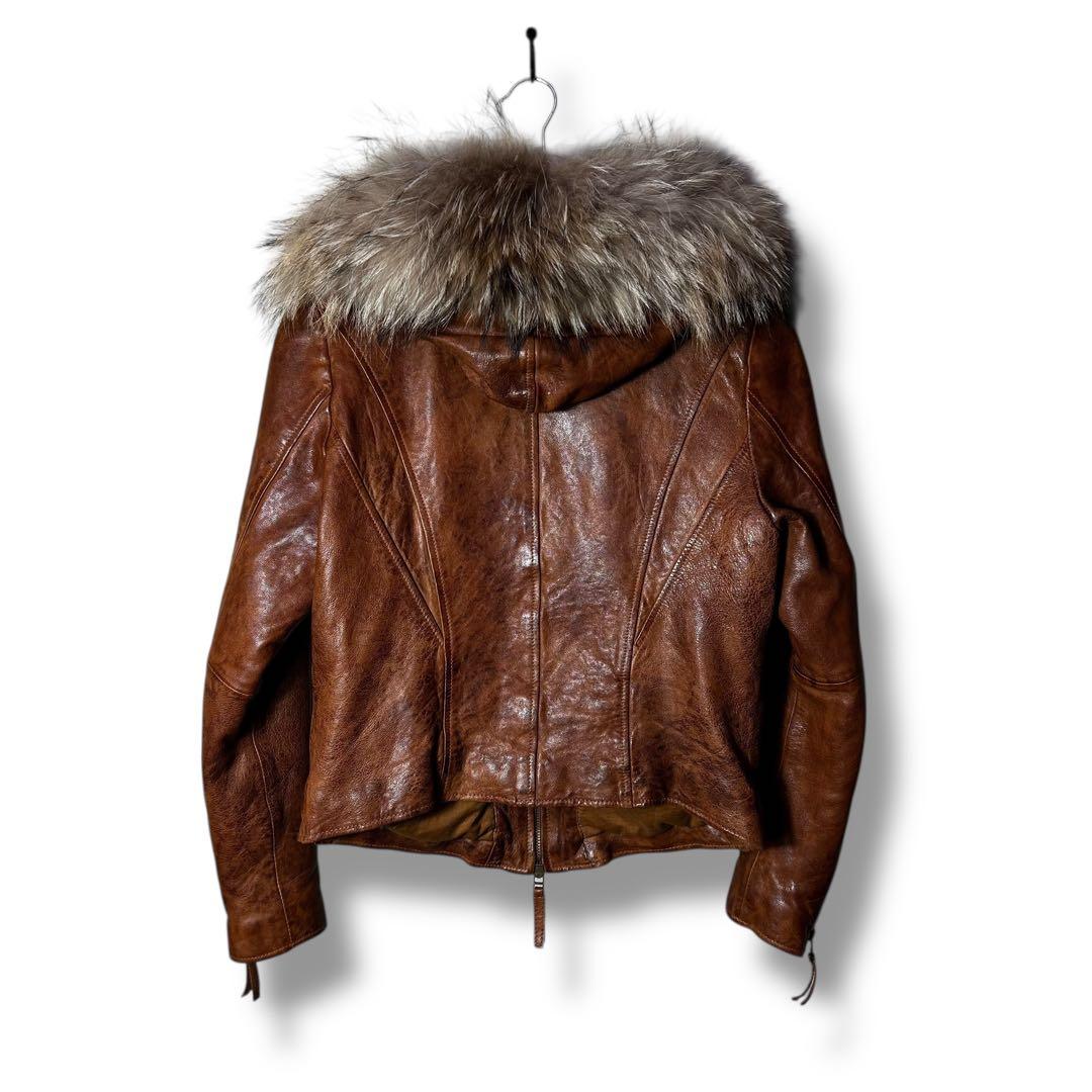 Goa 襟ファー　フード付きラムレザーシングルライダースジャケット　Y2K