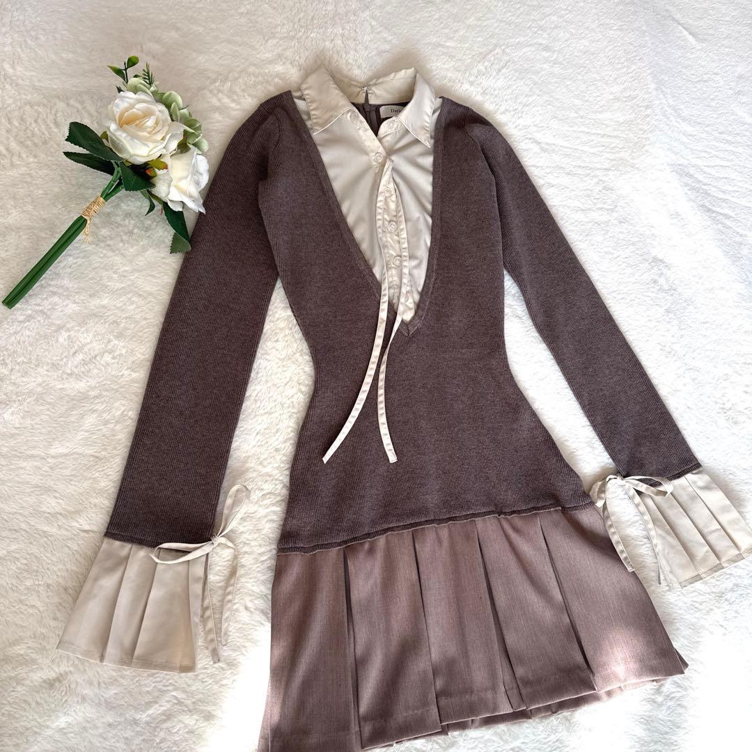 新品Darich ダーリッチ シャツドッキングプリーツミニワンピース　モカ