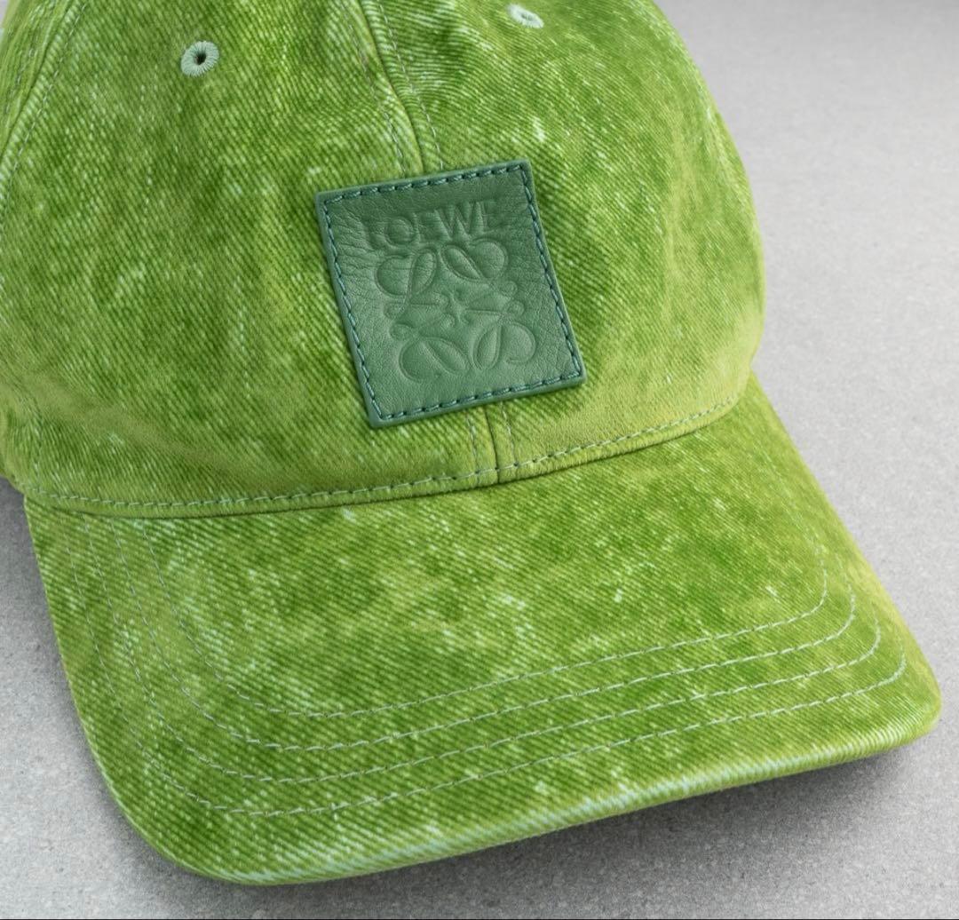 ロエベ キャップ フロックデニム グリーン アナグラム レザー