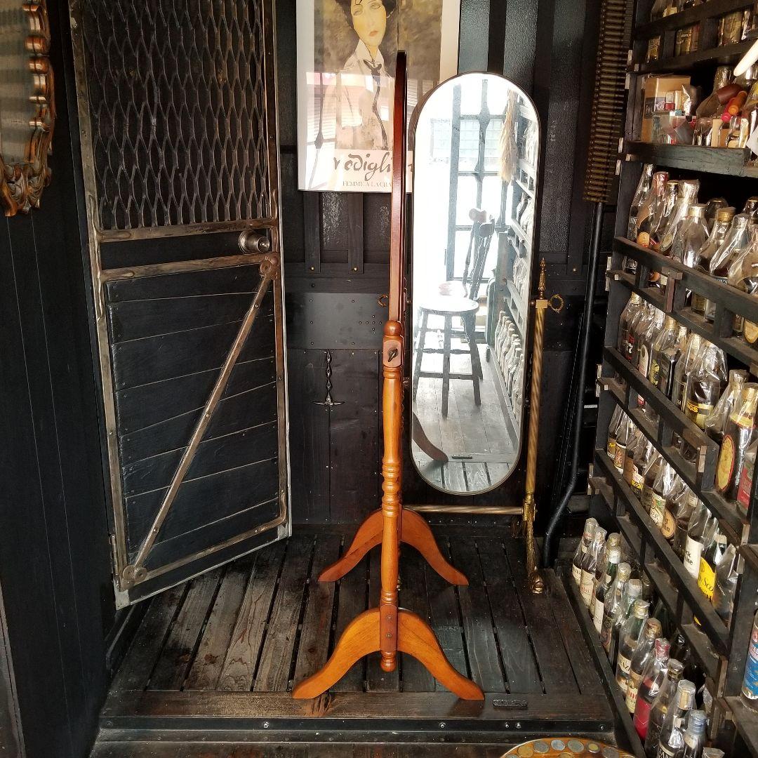 希少　美品　大型　オーバル　チーク　ウッド　カラー　無垢　硬木製　スタンドミラー