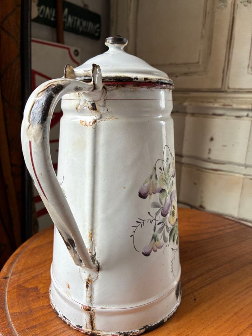 フランス　アンティーク　手描き　ホーロー　コーヒー　ポット　JAPY すみれ