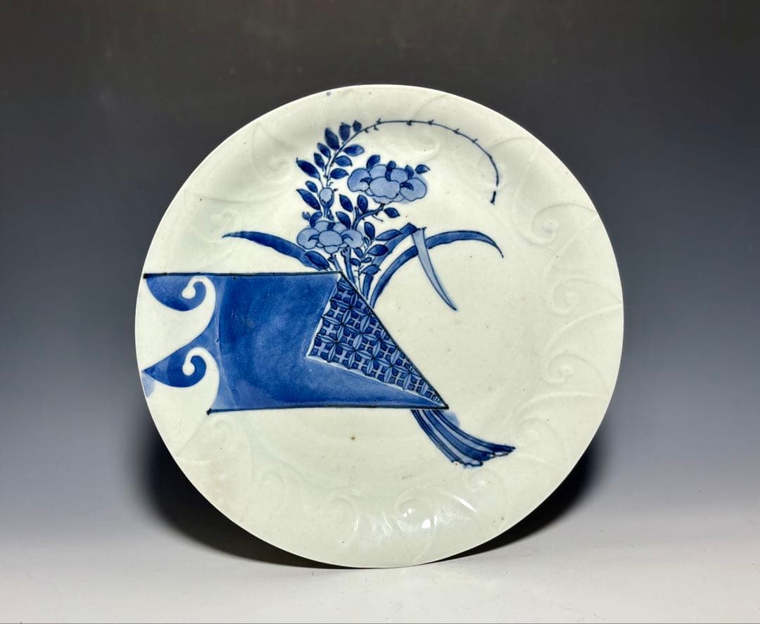 「 PRICE DOWN 」 藍九谷短冊花束文中皿 (完品)