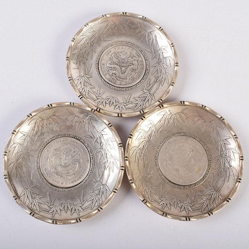煎茶道具　中華銀幣刻印装飾　龍笹文茶托　五客　壹圓　C　R8917