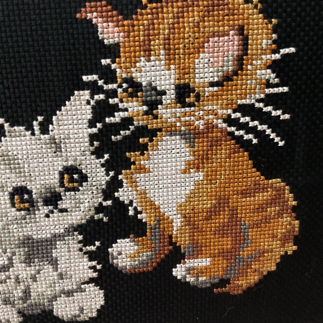 刺繍 二匹の猫 額装仕立て 前面ガラス仕様 何時掲載可能