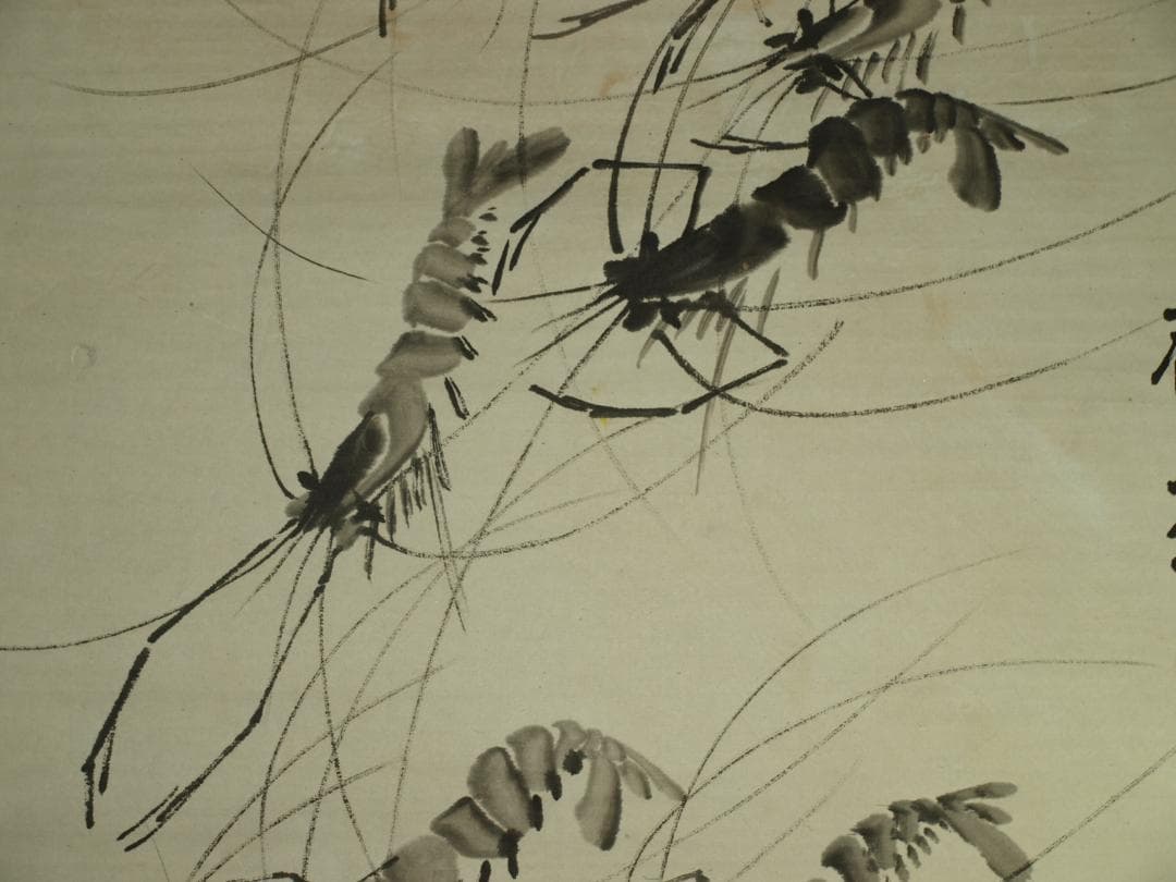 骨董市仕入れ品　中国近時代 白石作 虾図 掛軸　肉筆保証 BD620C11-4