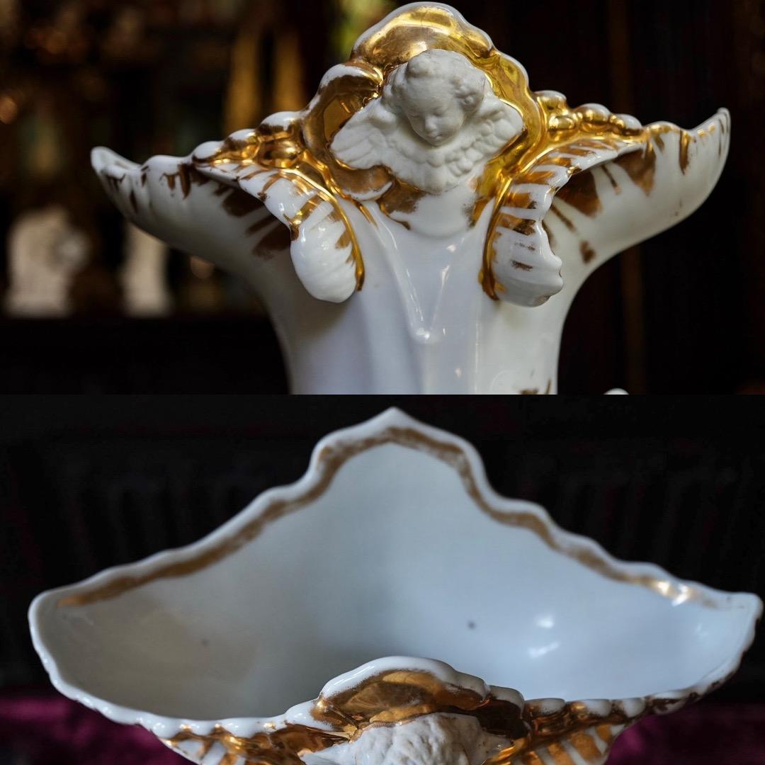 超稀少仏アンティーク 1870年頃、聖母マリアと天使レリーフ金彩ポーセリン大花瓶