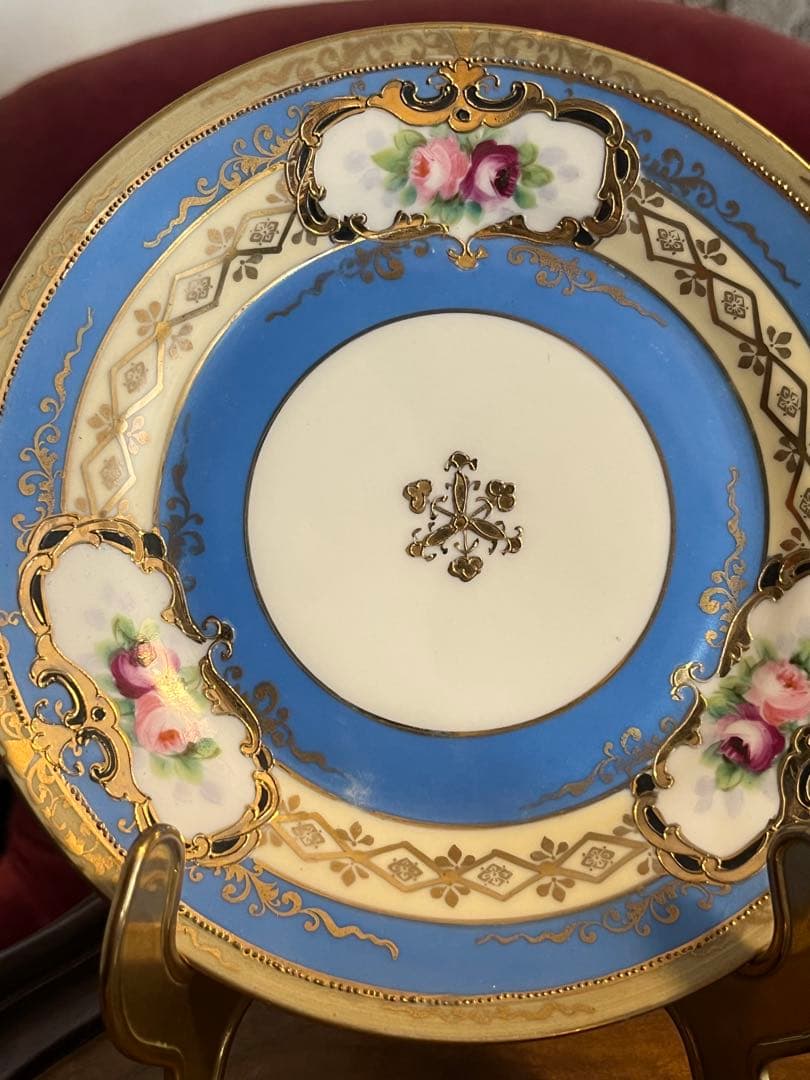 美品　オールドノリタケ　マルキ印　青と薔薇の装飾　金彩　ティーセット