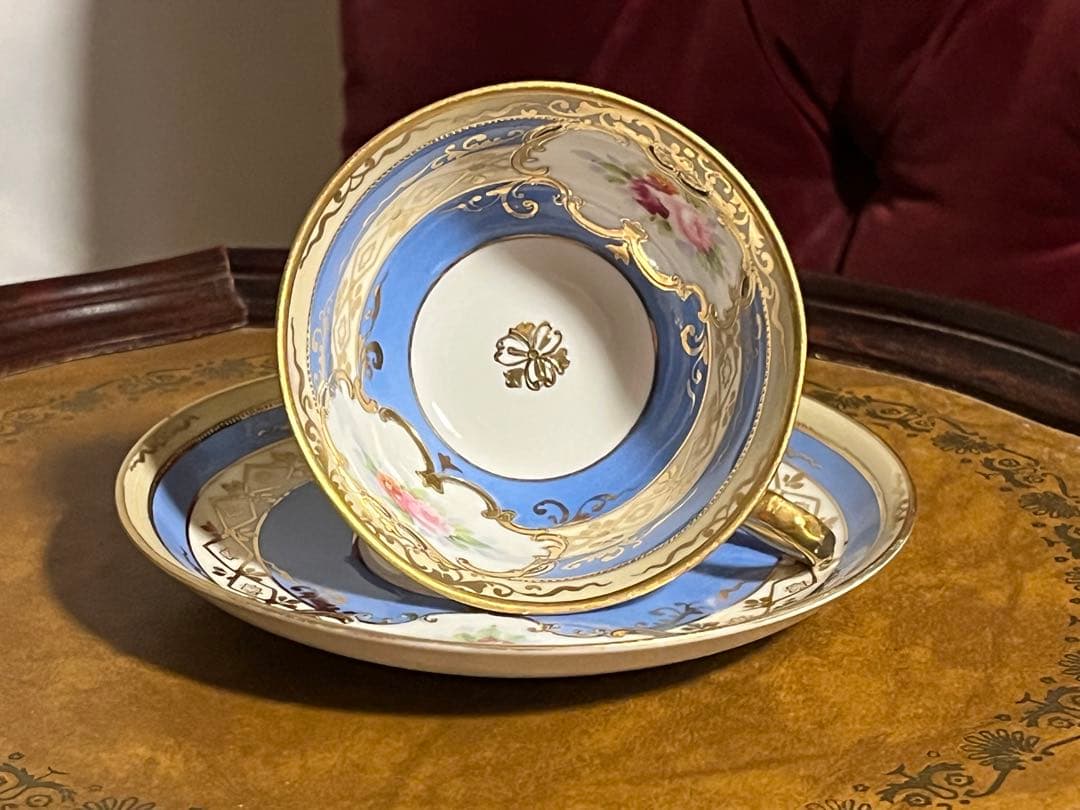 美品　オールドノリタケ　マルキ印　青と薔薇の装飾　金彩　ティーセット