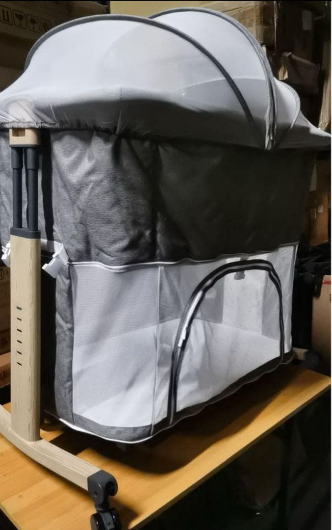 ベビーベッド 添い寝 折りたたみハイローベッド 高さ調節可能08C-G グレー系